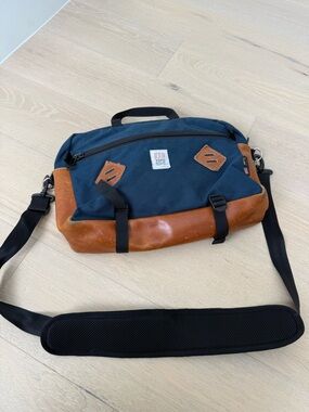 Topo Designs Navy Canvas Messenger with Brown Leather Base